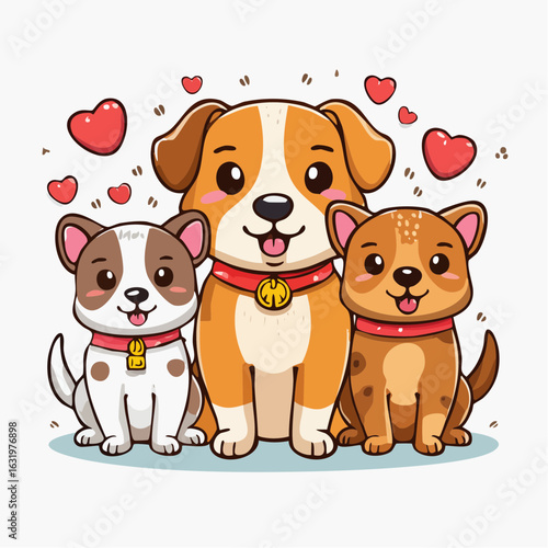 Adorable trio of cartoon dogs surrounded by hearts displaying affection and companionship