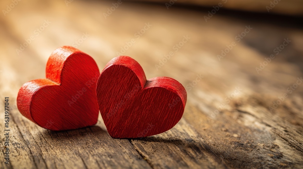 Fototapeta premium The Charming Red Hearts on Rustic Wooden Background