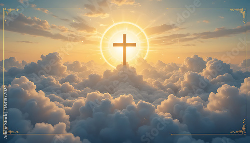 Majestic christian cross ascends through golden sunset clouds symbolizing hope and divine light in the heavens above