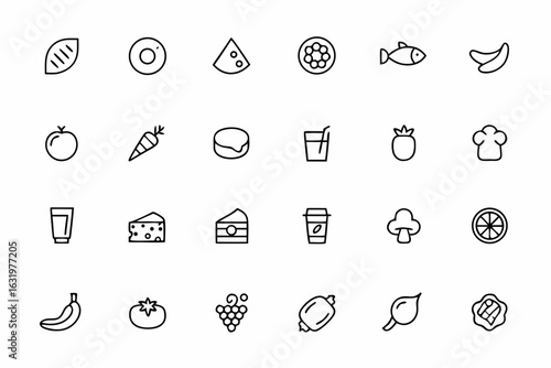 A clean, minimal vector set illustrating key elements of balanced diets — ideal for nutrition apps, meal planners, and wellness guides