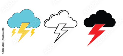 A set of graphic elements depicting various aspects of thunderstorms and weather phenomena, suitable for digital or print design applications.
