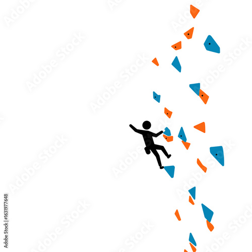 A minimalist graphic of a silhouetted person rock climbing up an abstract wall of scattered blue and orange holds.