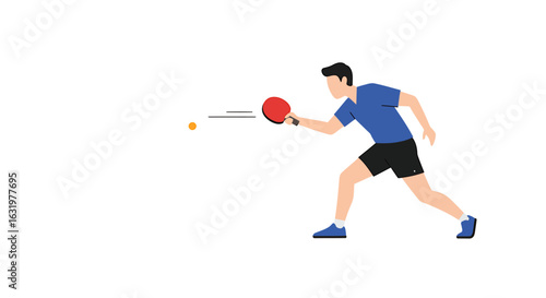 A male athlete in sportswear lunges to hit an orange table tennis ball with a red paddle.
