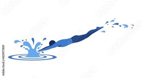 A stylized illustration of a swimmer diving headfirst into the water, creating a splash and ripples.