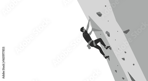 A minimalist grayscale illustration of a man rock climbing up a steep cliff face.