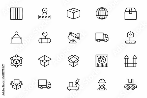 A streamlined set illustrating the stages of production and packaging — suitable for supply chain visuals and factory workflow presentations