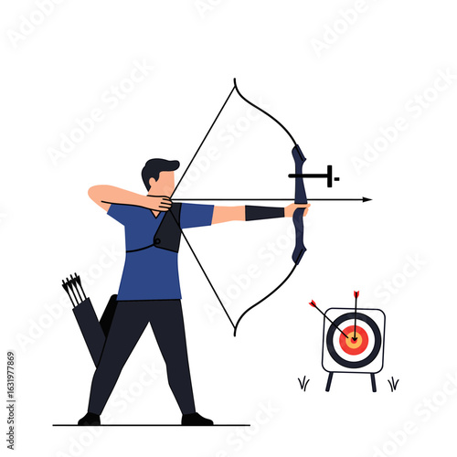 A male archer in a blue shirt takes aim with a bow and arrow at a target, with a quiver on his back.