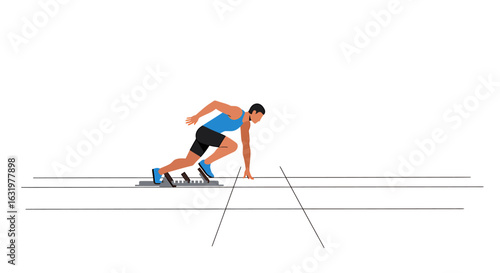 A male runner in athletic gear crouches in starting blocks, poised to begin a sprint race on a running track.