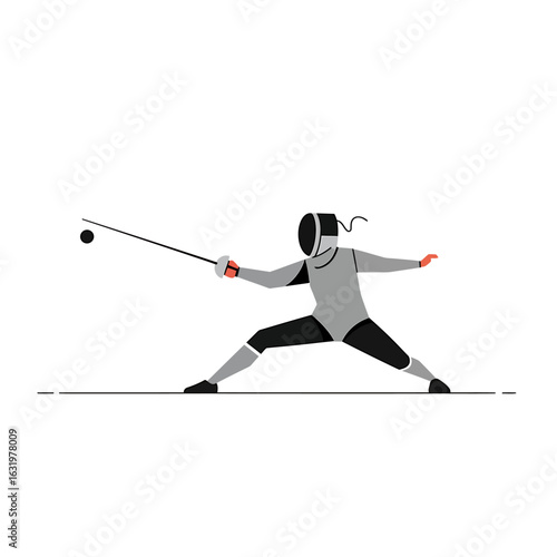 A dynamic vector illustration of a fencer in full protective gear performing a lunge attack.