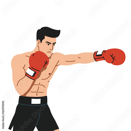A muscular male boxer in red gloves and black shorts throwing a punch forward.