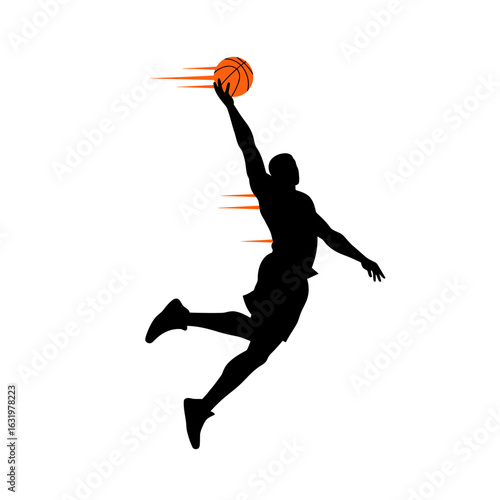 A black silhouette of a basketball player jumping high to slam dunk an orange ball.