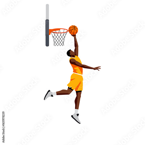 An athletic basketball player in a yellow and orange uniform jumps high to slam dunk the ball.