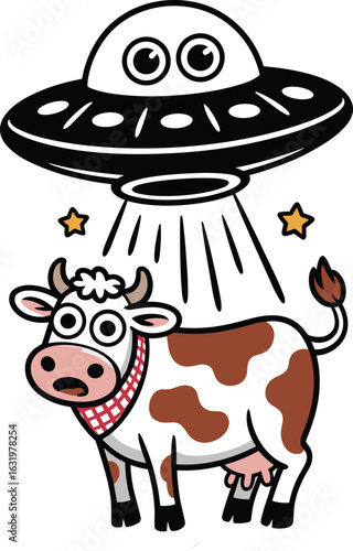 Funny illustration of an alien spaceship abducting a surprised cow with brown and white spots isolated.