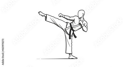A black and white line art illustration of a martial artist with a black belt executing a high side kick.