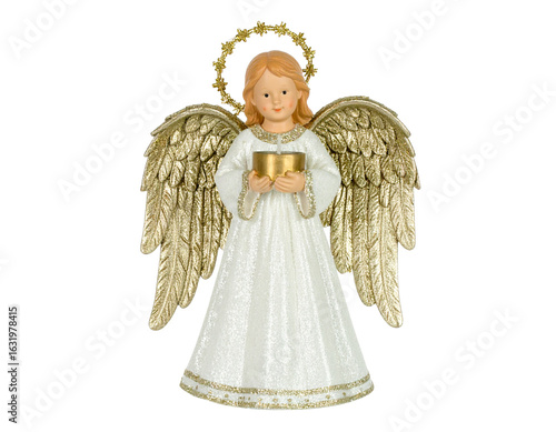 Elegant White Angel Tree Topper with Flowing Gown and Halo, Angled View, Isolated