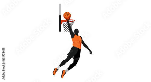 A faceless male basketball player in an orange jersey jumps high to slam dunk the ball.