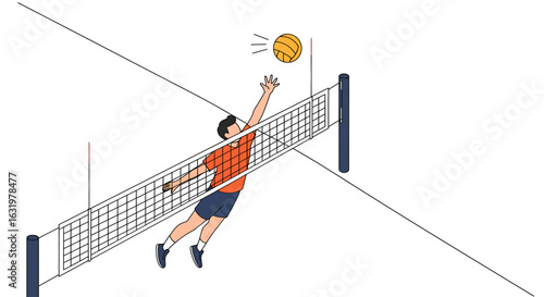 A male volleyball player jumps high in the air to spike the ball over the net during a game.