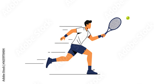 A male tennis player in athletic attire runs swiftly to hit a yellow tennis ball with his racquet.