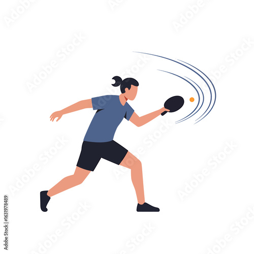 Flat vector illustration of a male athlete playing table tennis, hitting the ball with a powerful forehand swing.