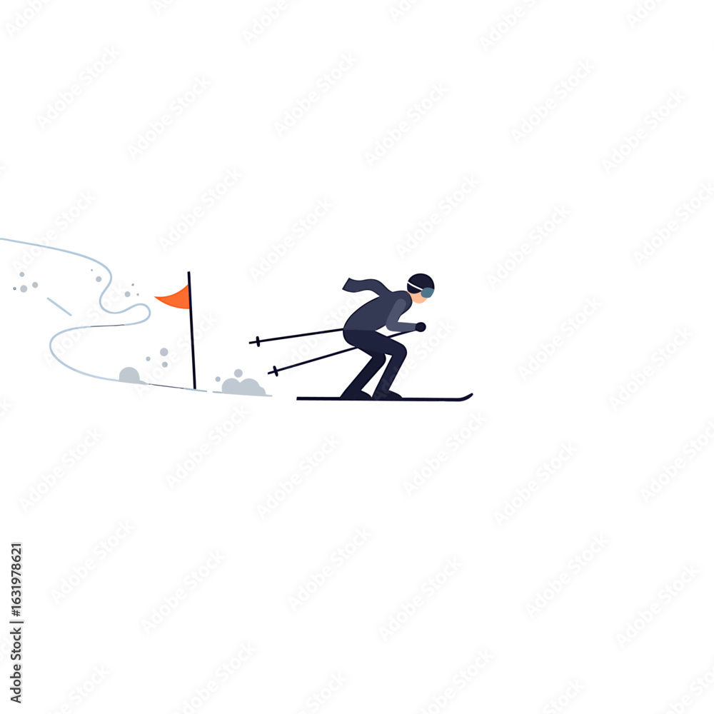 Fototapeta premium A minimalist illustration of a skier in a dynamic pose, speeding downhill and kicking up a spray of snow.