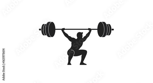 A black silhouette icon of a weightlifter holding a heavy barbell overhead in a squat position.