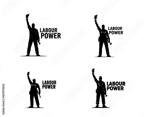 Heroic Worker Silhouette Holding Torch with “LABOUR POWER” Text – Labour Day Vector