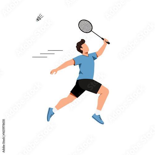 A dynamic illustration of a male badminton player jumping to smash the shuttlecock with his racket.