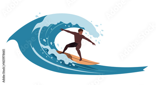 A stylized illustration of a male surfer riding a large, curling blue ocean wave with the sun in the background.