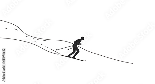 A minimalist illustration of a skier in a dynamic pose, speeding downhill and kicking up a spray of snow.