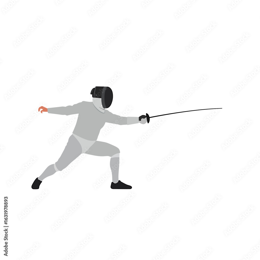 A person in a gray fencing uniform and black mask lunges forward with a sword. A person in a gray fencing uniform and black mask lunges forward with a sword.