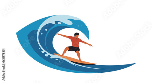 A stylized illustration of a male surfer with arms outstretched riding inside a large, curling blue ocean wave.