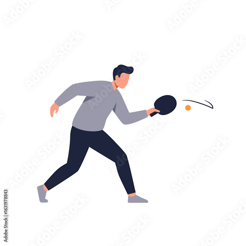 A man in a grey sweater and dark pants plays table tennis, hitting an orange ball with his paddle.