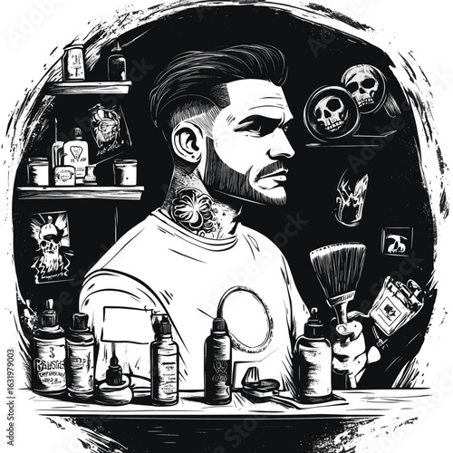 Stylish Barber Shop Portrait with Tattoos