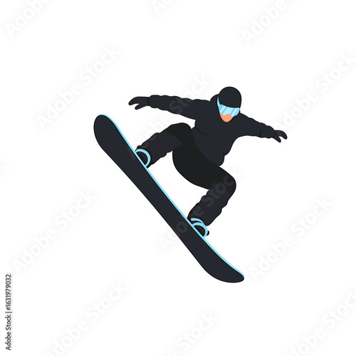 A snowboarder wearing black winter gear and goggles performs a jump in mid-air.