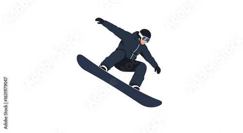 A snowboarder wearing black winter gear and goggles performs a jump in mid-air.