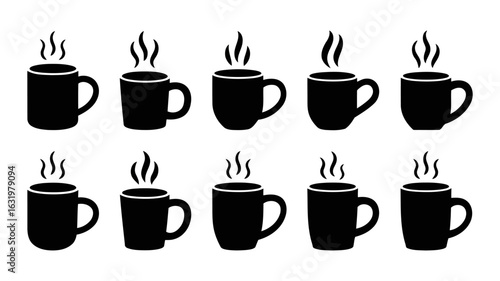 Ten steaming hot coffee mugs, simple black silhouette icons, perfect for website design, app interface, or branding projects.