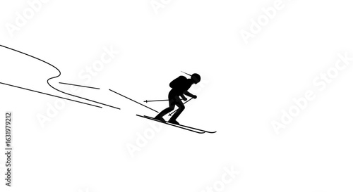A minimalist black silhouette of a skier with a backpack descending a slope, leaving curved tracks in the snow against a white background.
