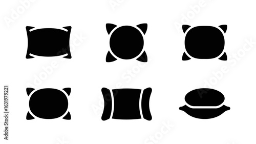 Six Simple Black Pillow Icons:  Modern Minimalist Design,  Versatile Vector Graphics for Website or App UI.