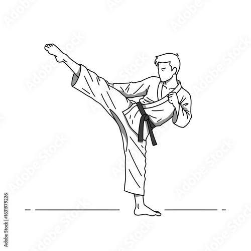 A black and white line art illustration of a martial artist with a black belt executing a high side kick.