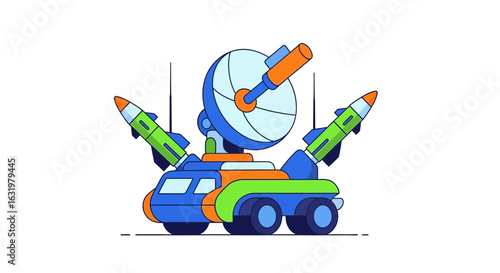 Colorful cartoon missile launcher truck with radar dish vector illustration
