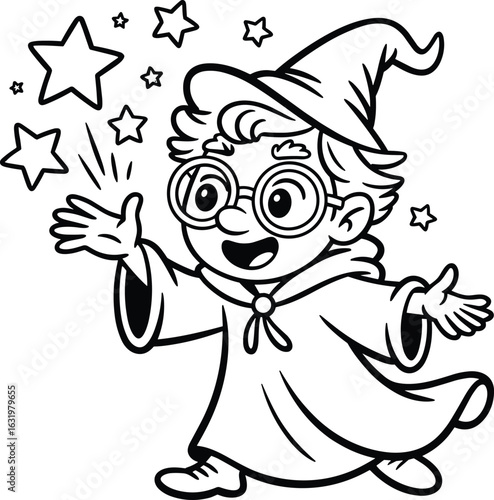 Cute cartoon wizard character with glasses conjuring stars and magic in black and white illustration