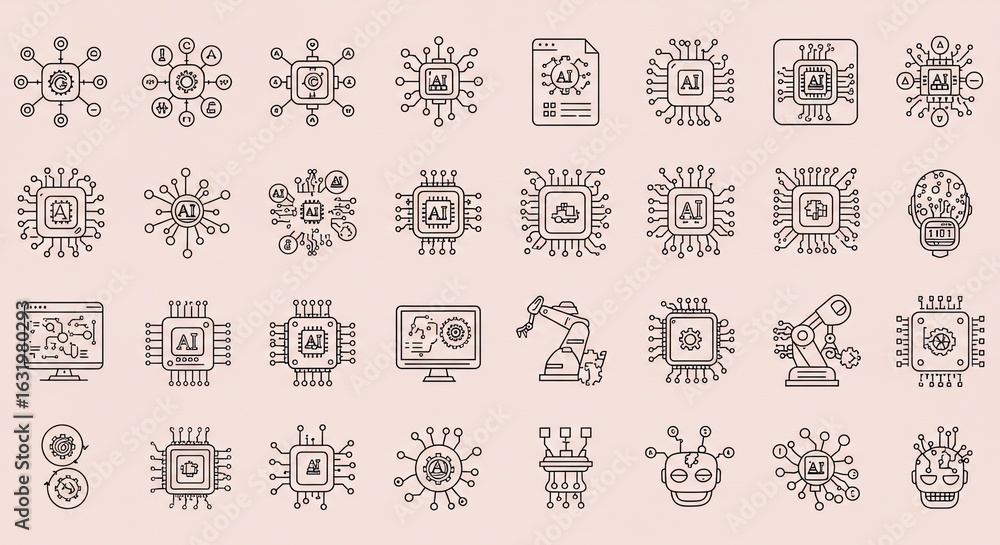 Fototapeta premium Collection of AI Technology Icons in Outline Style