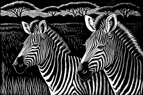 Two zebras standing side by side in savanna, black and white line art illustration