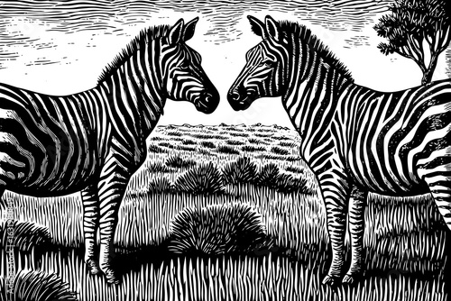 Two zebras standing side by side in savanna, black and white line art illustration
