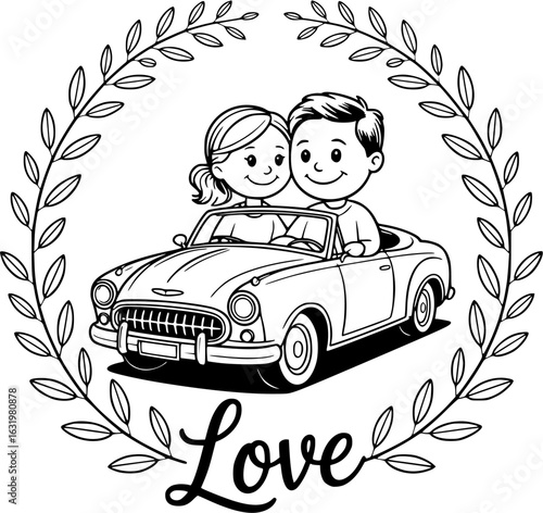 Endearing Couple's Journey: A cartoon style portrayal of an affectionate couple embarking on a romantic adventure, nestled in a classic car, encompassed by a wreath of foliage that spells love.