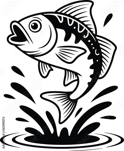 A detailed black and white illustration of a jumping fish in water spouting out water drops