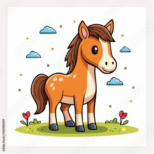 Charming Cartoon Horse Illustration with Playful Details and Whimsical Background Elements