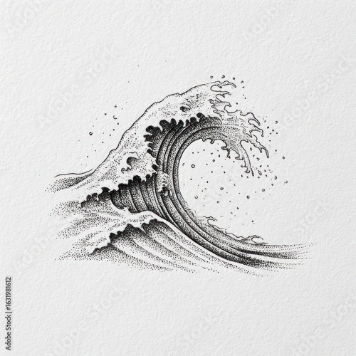 Detailed black and white drawing of a large ocean wave