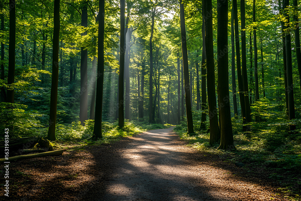 Obraz premium Sunbeams illuminate a tranquil path winding through a lush, green deciduous forest.