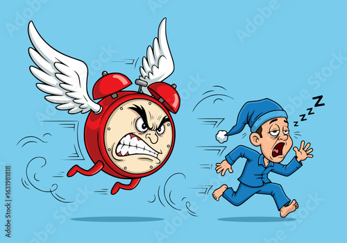 Angry Alarm Clock Chasing Sleeping Man Cartoon Vector